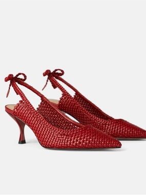 Zara Red Woven Slingback Kitten Heels